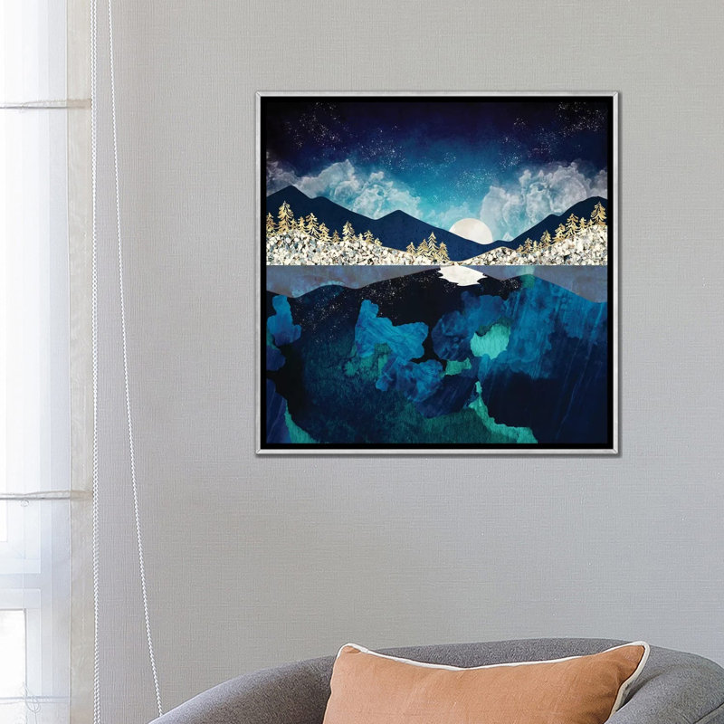 «Midnight Water», reproduction d'impression, Pas de tapis, H 26 po x l 26 po x P 1,5 po, Toile encadrée argentée
