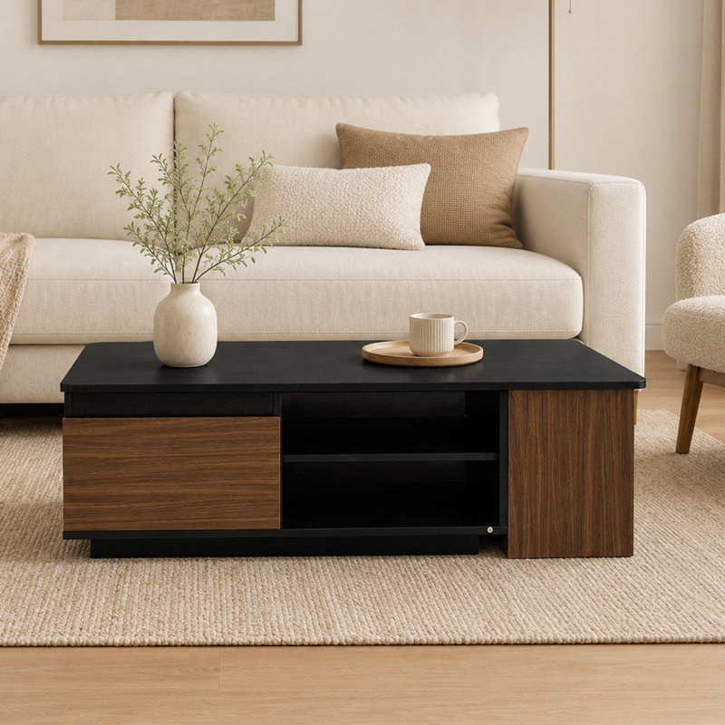 Table basse moderne noire et brune avec compartiments de rangement