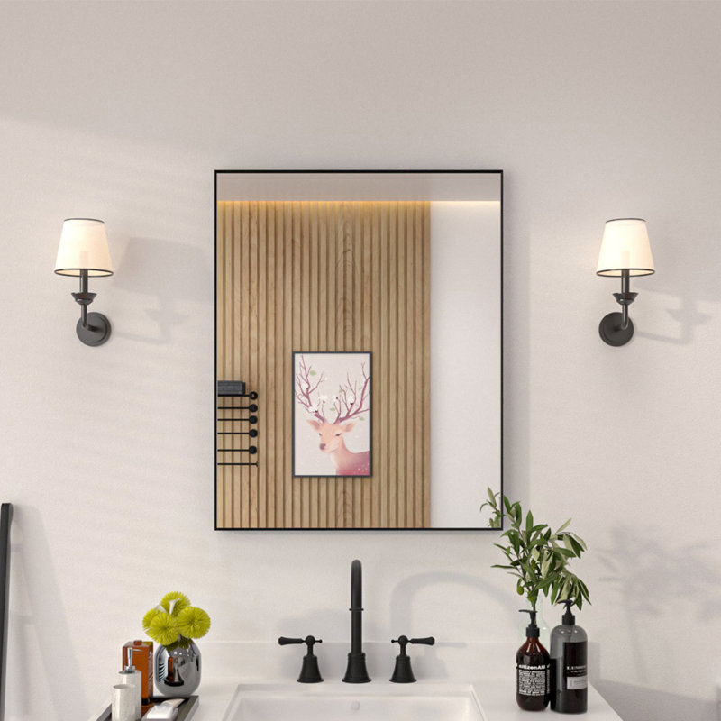 1.3" Thick Rectangle Metal Framed Bathroom Vanity Mirror, Decorative Mirror Wall Mirror with Tempered Glass, Matte Black
