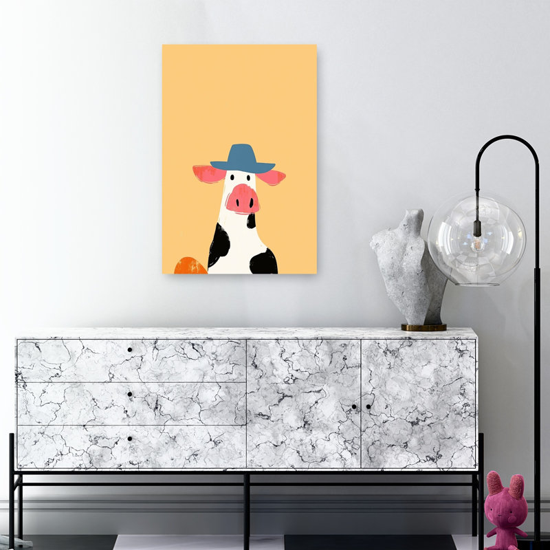 Cute Cow Blue Hat Abstract Minimalist Landscape Nature Wall Art Print by Mathieu - Wrapped Canvas Print