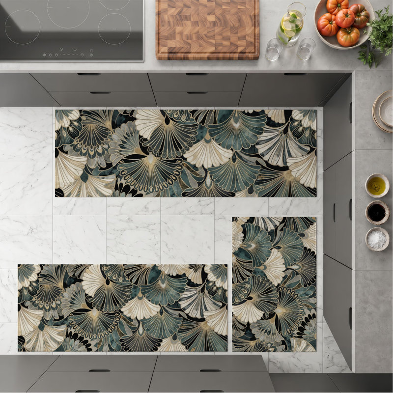Botanical Fan Non-Slip Washable Kitchen Mats