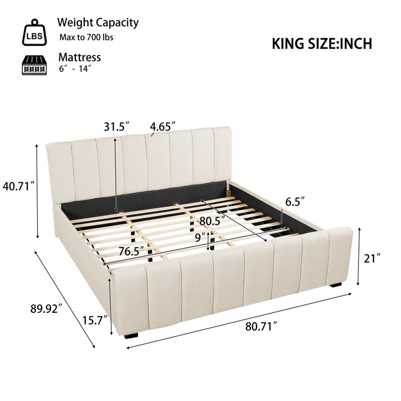 Sahara Upholstered Linen Bed Frame with Thick Headboard &  Solid Wood Legs, King