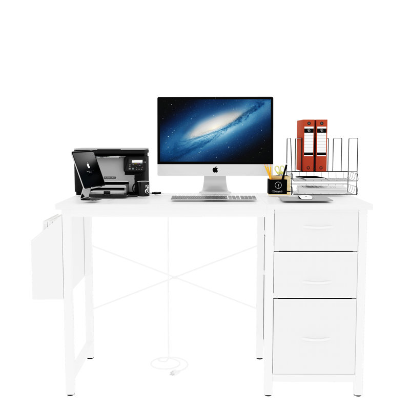 47.3"Office Desk With Power Outlet,3 Drawers,Side Pocket, Study Desk Easy To Assemble,Frame Stability Reversible For Home Desk, Company Computer Desk, Game Table,Vanity Table, White
