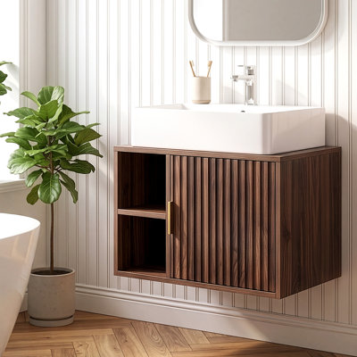 24'' Walnut Vanity Cabinet Wall-Mounted With Ceramic Sink With 1-Door