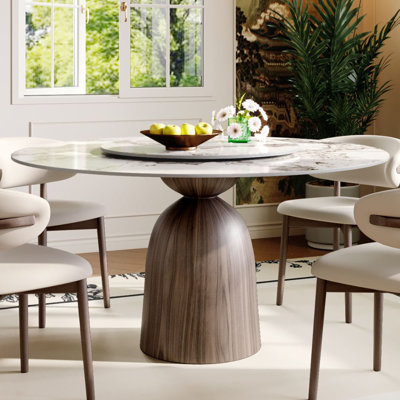 Sintered Stone Round Dining Table With Lazy Susan & Black Solid Wood Base by MAVOLK