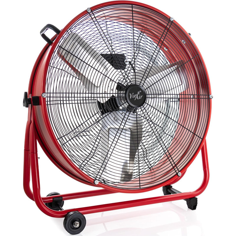 Ventilateur de plancher commercial de 24 po Vie Air - Ventilateur rouge à grande vitesse avec réglages à 3 vitesses, tête inclinable et roues pour le transport