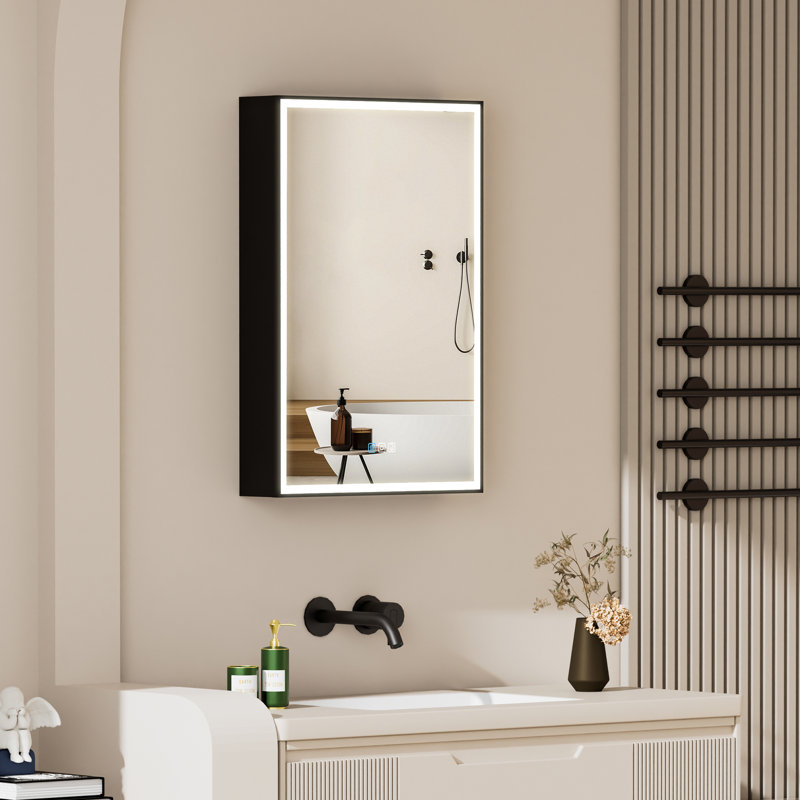 Armoire murale à DEL encastrée ou en surface 30 po H avec miroir et tablettes réglables, cadre noir, Gauche