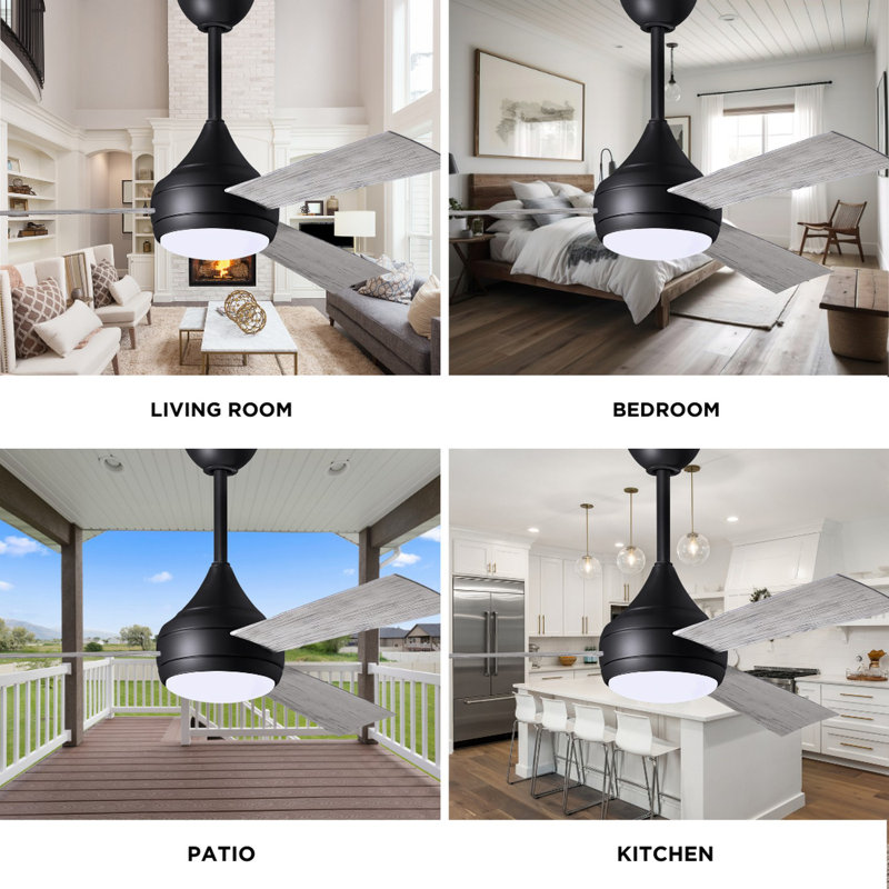 Donaire LED Outdoor Downrod Ceiling Fan, Matte Black, Barn Wood Tone