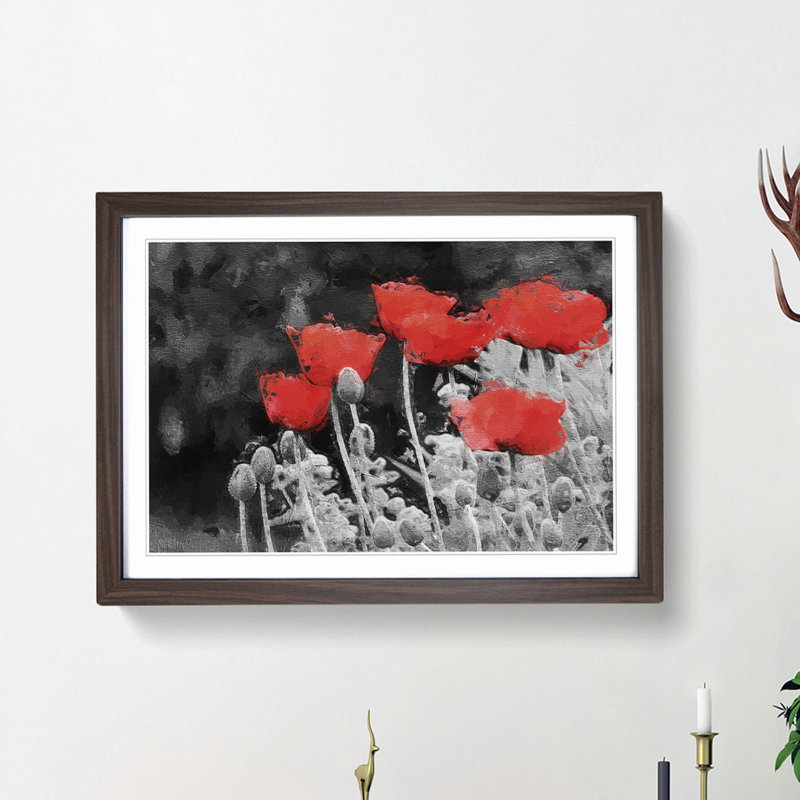 Red Poppy Field in Abstract - Picture Frame Painting Print, 27cm H x 36cm W x 2cm D, Walnut Framed