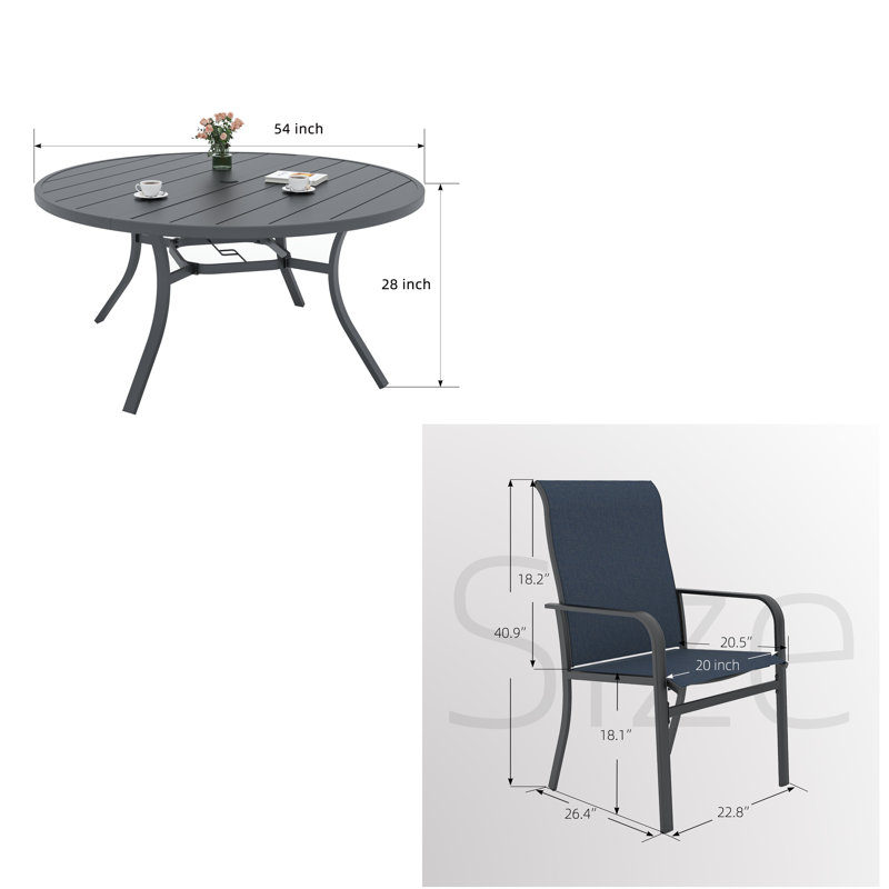 Ensemble de salle à manger de patio pour 6 personnes en métal 54 po, Bleu