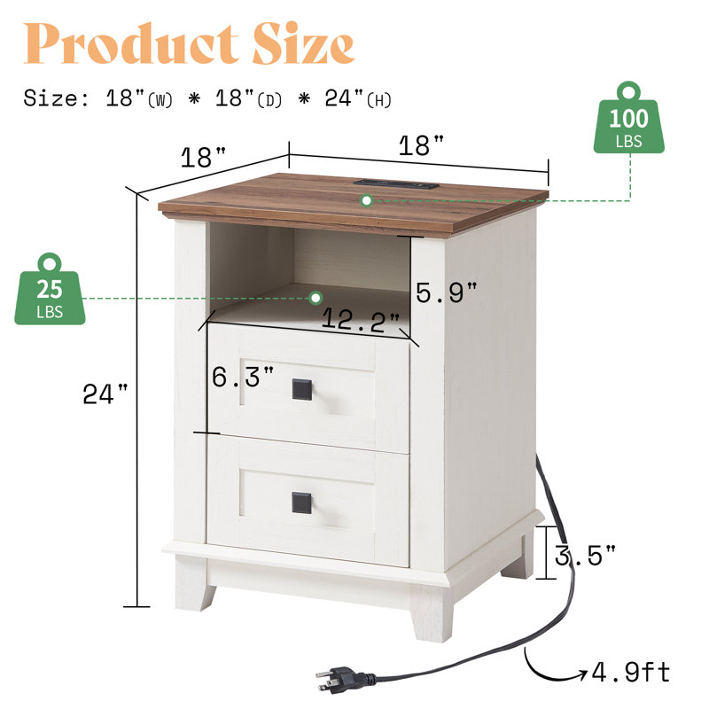  Shunette Tray Top 2 - Drawer End Table and Built-In Outlets,White, White