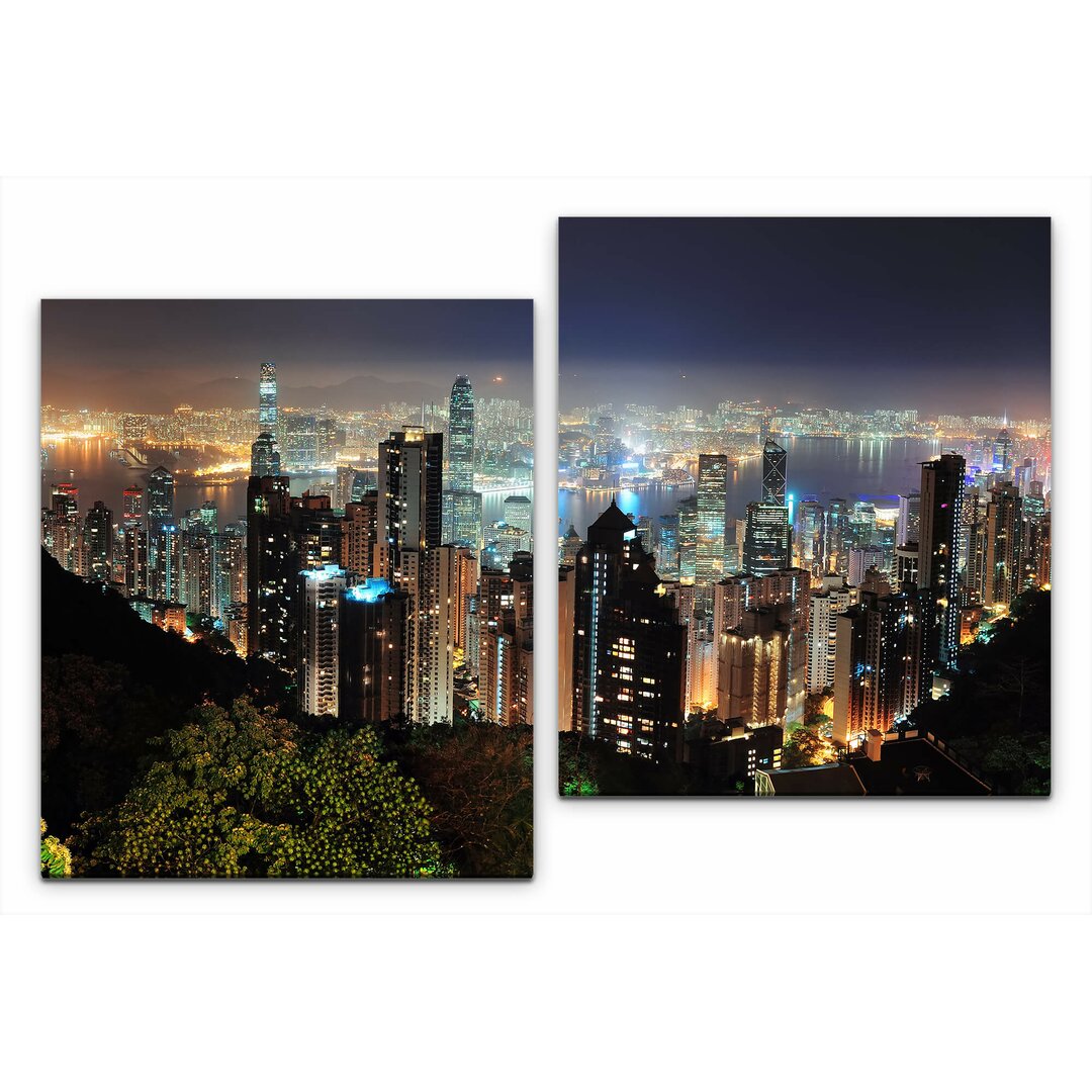 2-tlg. Leinwandbilder-Set Hong Kong Wolkenkratzer Skyline