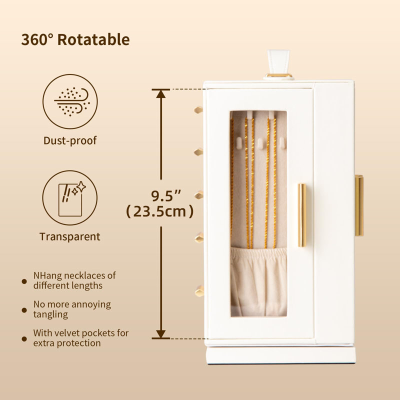 White MDF 360° Rotating Jewelry Storage Box with Glass Windows
