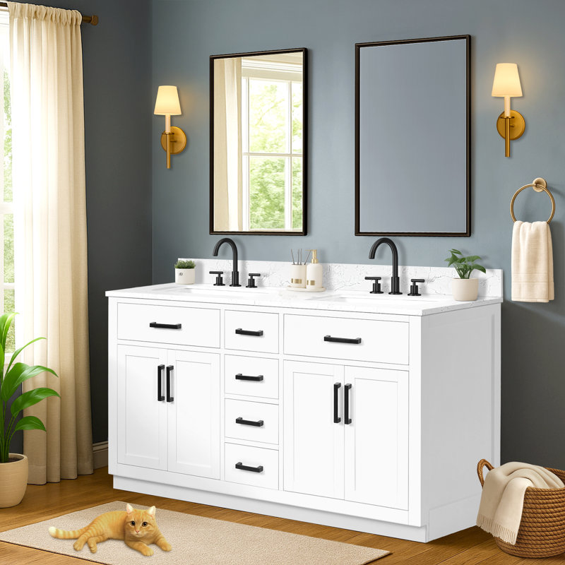 60'' Double Bathroom Vanity with Drawers, Shelf, Outlet, and Engineered Marble Top, White, 60''