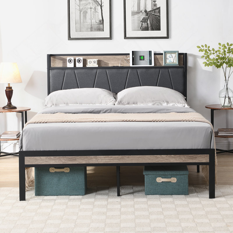 Base de lit plateforme avec tête de lit avec rangement et USB, Grand