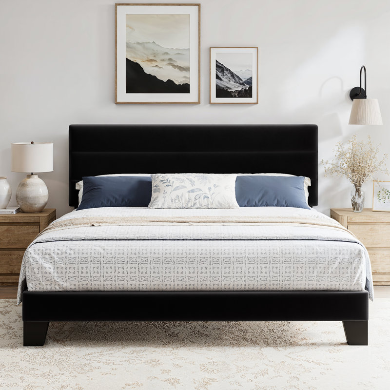 King Size Platform Bed Frame with Upholstered Headboard and Wooden Slats, Black, King