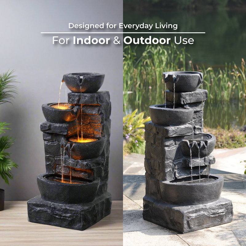 Cuvier Cascading Bowls & Stacked Stones Outdoor Water Fountain with Built-In LED Lights, Dark Gray