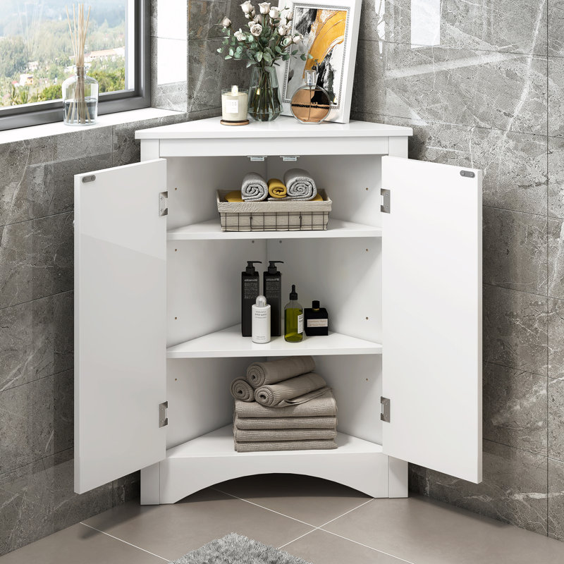 Armoire d'appoint d'angle à 2 portes, Blanc, Argent argent