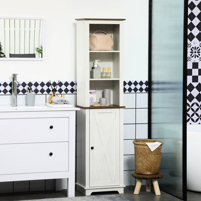 Armoire de salle de bain mince avec trois tablettes ouvertes et porte, colonne de rangement autoportante blanche, étagère réglable pour papier hygiénique, serviettes, articles d'hygiène et produits de nettoyage.