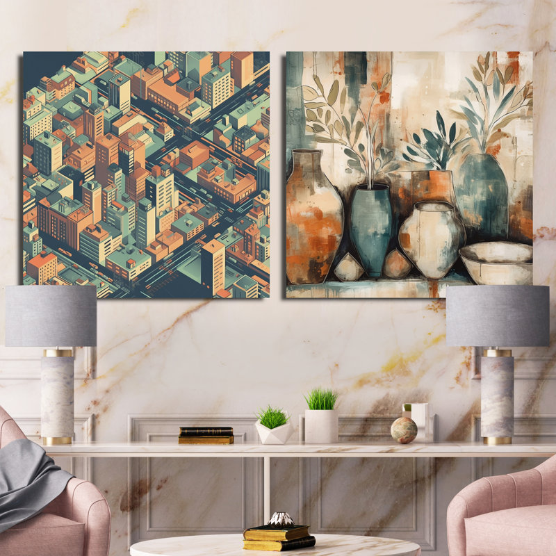Abstractions urbaines orange et vertes - ensemble de 2 collages abstraits carrés, Toile tendue, H 36 po x l 73 po