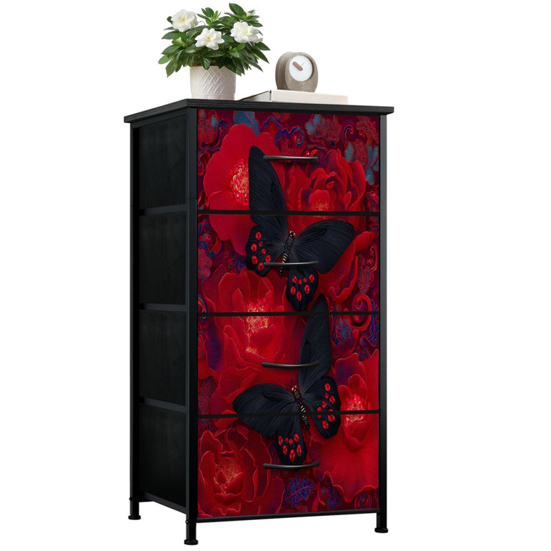 Commode pour la chambre à coucher avec 4 tiroirs de rangement Papillons noirs, rouge éclatant, pétales floraux détaillés Commodes élégantes Commode en acier avec cadre en tissu pour vestibule