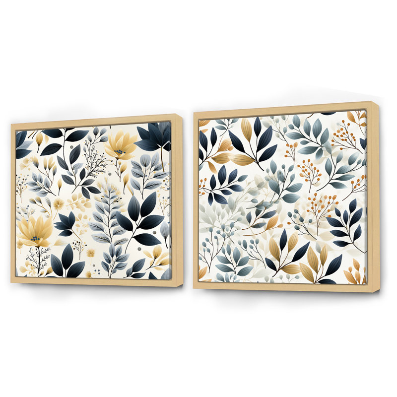 Monochromes botaniques V - ensemble de 2 collages floraux et botaniques carrés, Cadre flottant brun, H 30 po x l 61 po