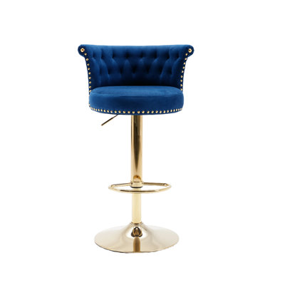 Ensemble de 2 chaises de bar en velours de luxe avec coutures en losanges, rivets dorés et hauteur réglable pour une décoration intérieure élégante