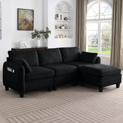 Canapé d'angle modulaire en chenille noire de 216 cm avec rangement, agencement à faire soi-même pour le salon, style contemporain, dossier divisé, accoudoirs carrés, structure en eucalyptus