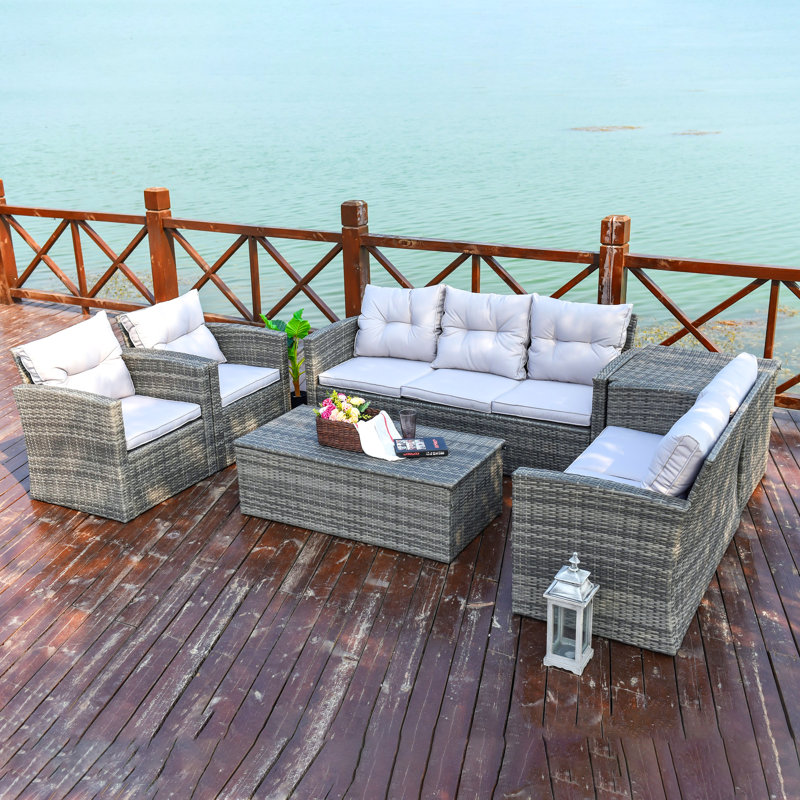 Vega Premium All-Weather Wicker 6 - Person Patio Conversation Set with Cushions, Gray