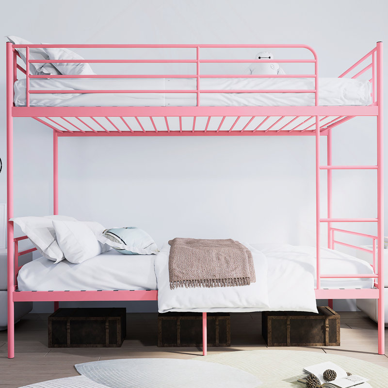 Lit superposé avec échelle et garde-corps haut, capable de se diviser, lit superposé en métal, espace de rangement, silencieux, lit simple au-dessus d'un lit simple, rose