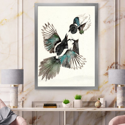 «Deux magpies noirs et turquoise dansant», reproduction sur toile