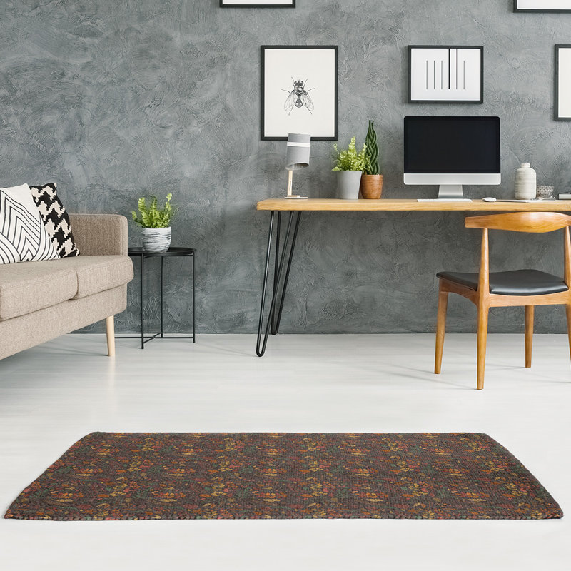 Tapis jaune brun/moutarde fait main, Rectangle 5 pi x 7 pi