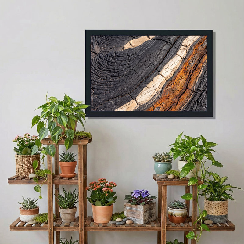 Black White And Orange Cracked Lava Rock Texture Canvas Wall Art, 20"H x 30"W
