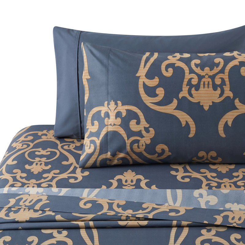 Full Navy Blue and Gold Damask Rayon Duvet Cover Set