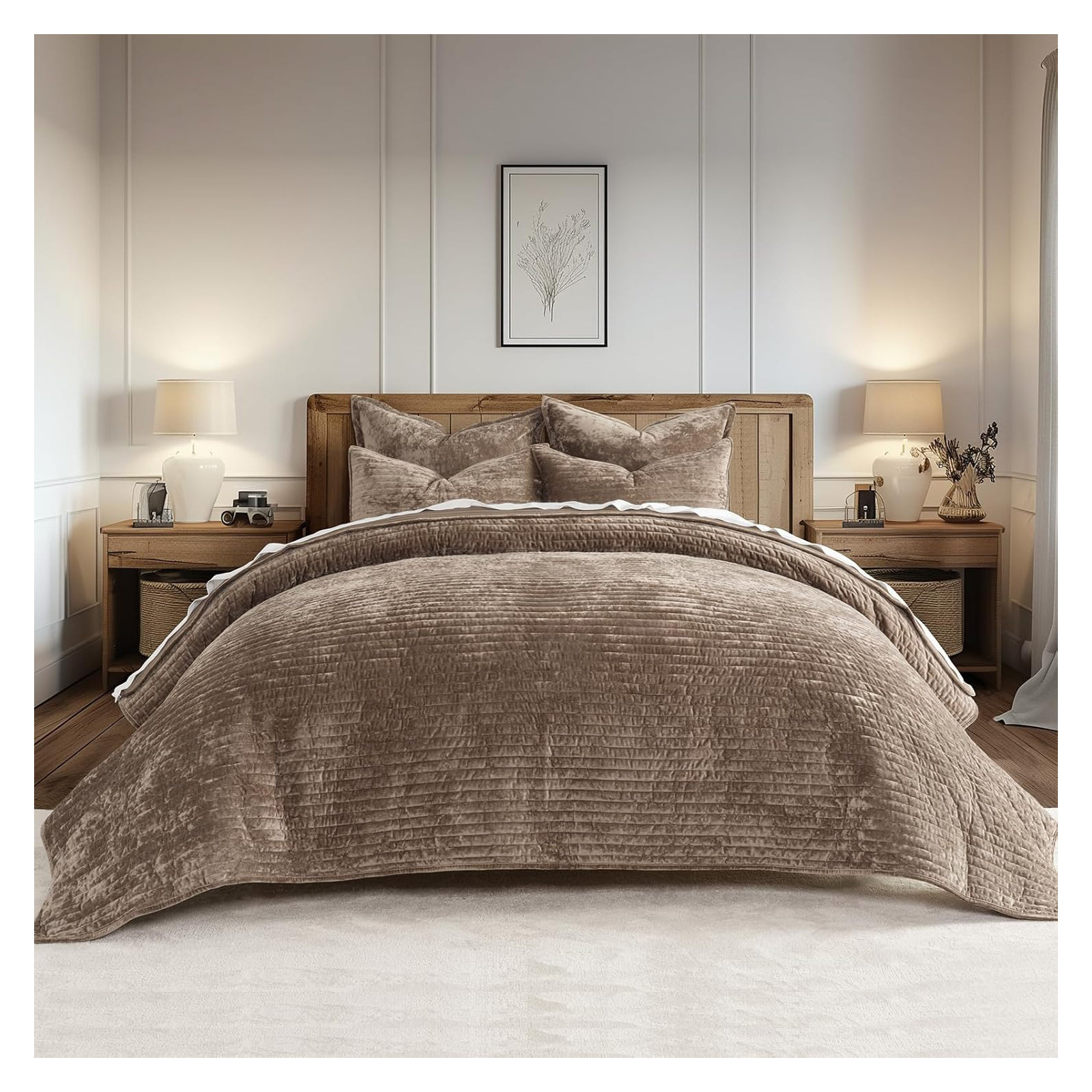 Luxe Velvet Channel Quilt Set, Mocha Brown, California King