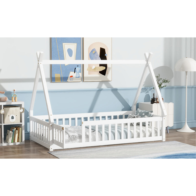 Twin Tent-shaped Floor Bed,Bed with Guardrails,Slats and Door,White, White