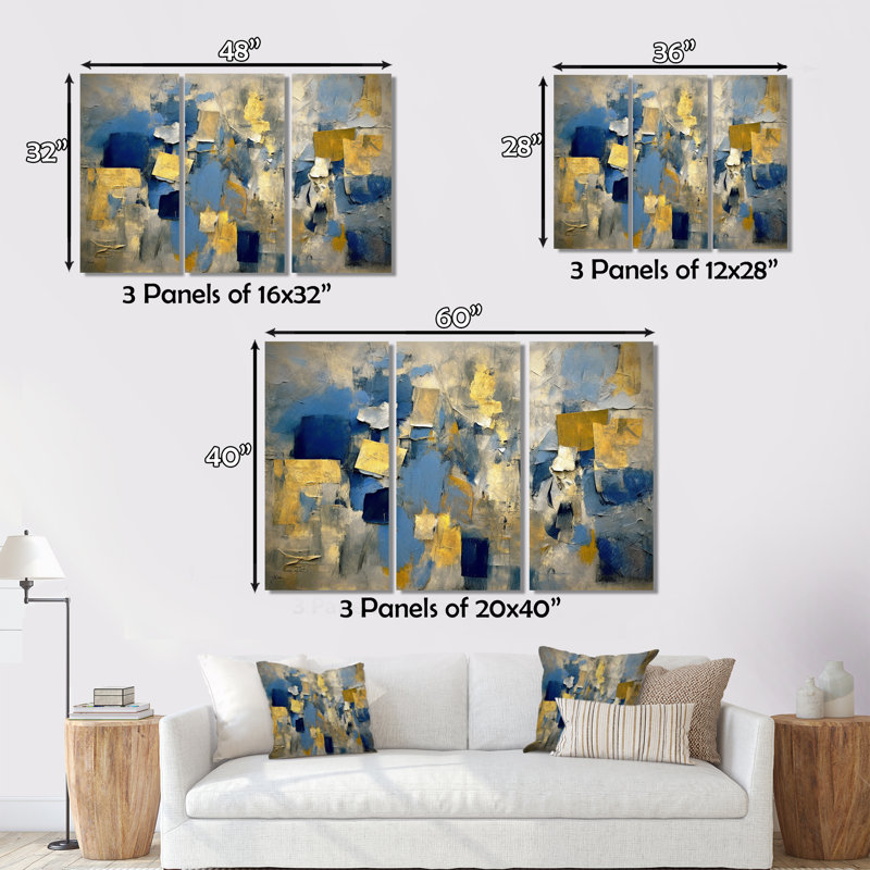 Abstraction lyrique en bleu et jaune II 3 pièces, H 28 po x l 36 po x P 1 po
