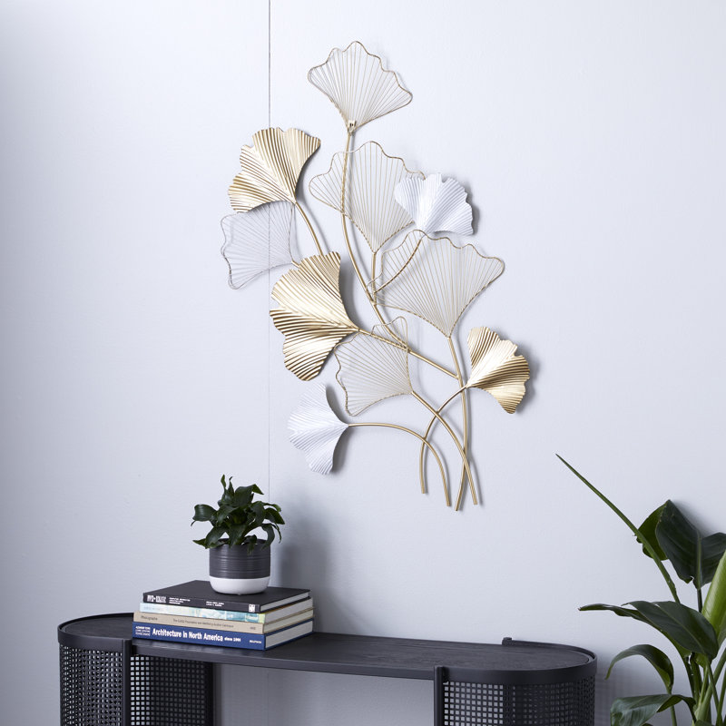 Gold Metal Leaf Wall Decor with White Accents 25" x 2" x 40"