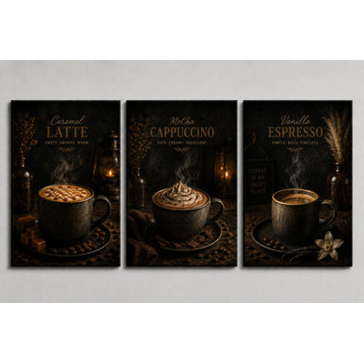 Grand ensemble de 3 boissons au café, art mural espresso cappuccino latte pour cuisine café, impression sur toile sans cadre 16 x 24 pouces - prête à être accrochée