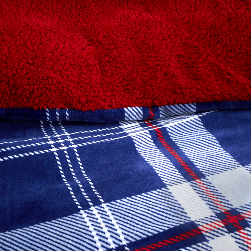 Teddy Satin Plaid Duvet Cover Set with Pillowcases, Kingsize Duvet Cover , Blue/White/Red