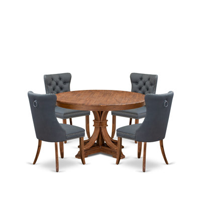 5-piece Modern Dining table set consists of a Kitchen Table and 4 Platinum Gray Polyester Fabric Dining Room Chairs with Button Tufted Back - Antique Walnut Finish