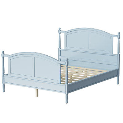Cadre de lit plateforme traditionnel en bois, grand lit en bois de style campagnard avec tête et pied de lit arqués, cadre de lit à panneau de style chalet avec poteaux et support à lattes, aucun sommier nécessaire, bleu clair