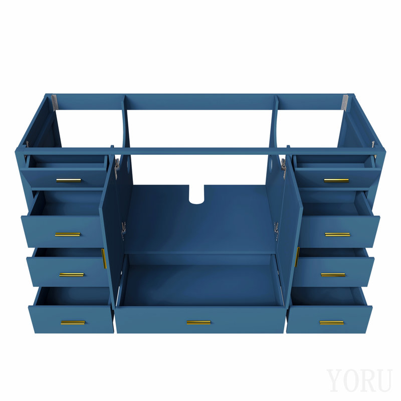 Base de meuble-lavabo 60 po avec 2 portes doubles à fermeture douce, 1 grand tiroir, 6 petits tiroirs et 2 petits compartiments de rangement rabattables (bleu)