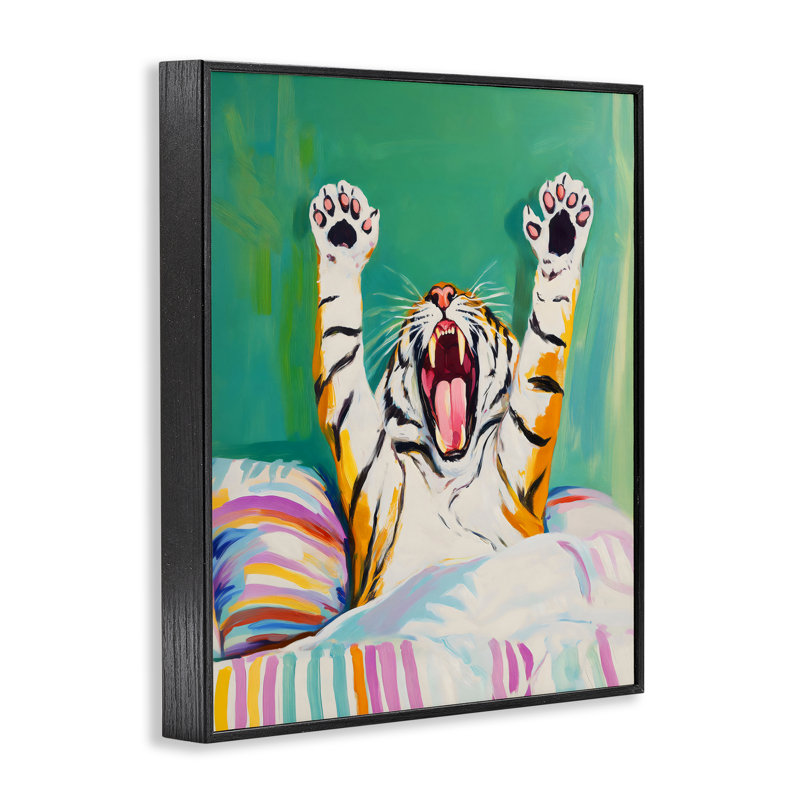 «Big Tiger Morning Yawn», estampe numérique, conception par Arlington Prints, H 14 po x l 11 po, Giclée encadrée noir minuit