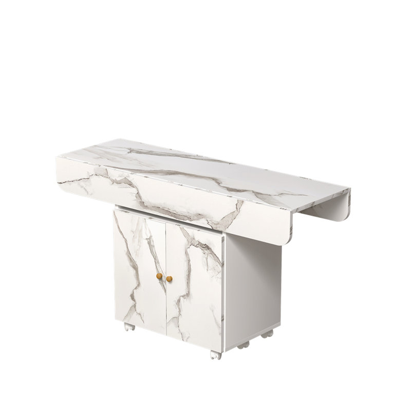 47" Wood Folding Dining Table With Storage Rack And Cabinet, Removable Entryway Table With 6 Wheels, White Marble Kitchen Island, Side Table And Coffee Table Versatile Table Space Saving