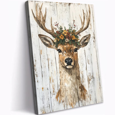 Large Abiella - Farmhouse Reindeer, reproduction d'art, peinture de Noël rétro, impression de toile rustique florale sur toile, scène d'hiver pour Noël, décoration murale, salon prêt à accrocher, 18 po x 24 po