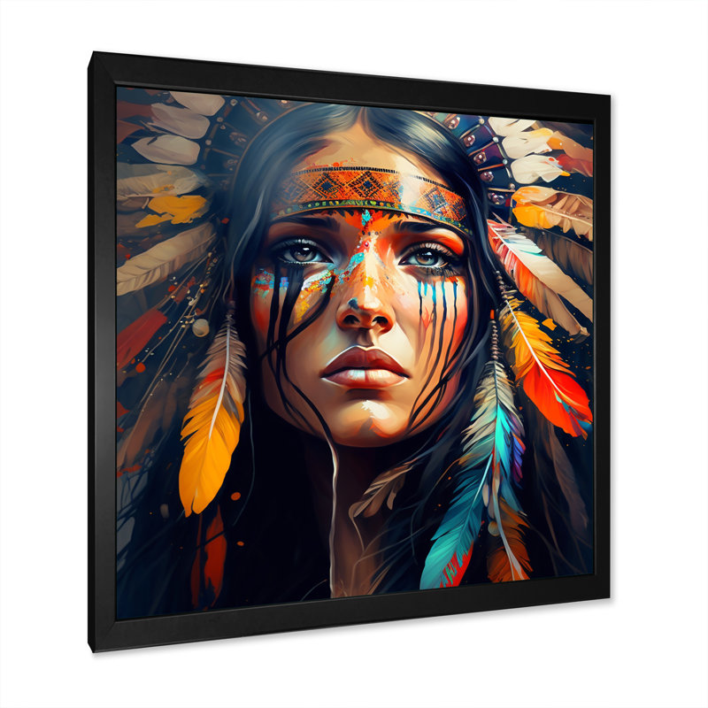«Colorful Native American Woman VI», art mural femme bohème, H 36 po x l 36 po, Toile avec cadre photo, Noir