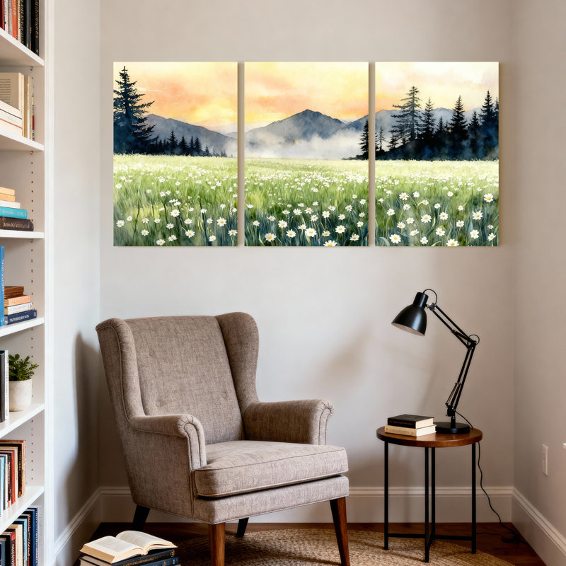 Ensemble de 3 tableaux sur toile tendue représentant un paysage de montagne dans un champ de marguerites, H 24 po x l 48 po