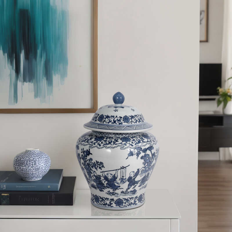 Chinoiserie Stoneware Ceramic Lidded Jar 15" Blue Traditional Decorative Accent for Home Office Bedroom Living Room