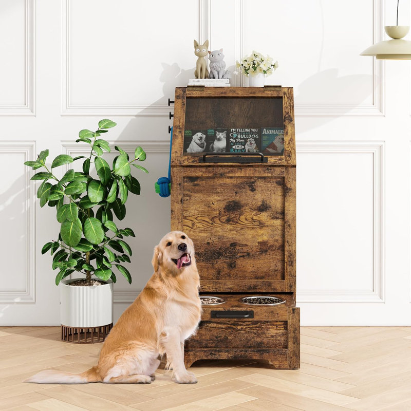 Dog Feeding Station,Pet Feeder Station Food Cabinet with Raised Bowls,Dog Feeder Cabinet Container with Hanger for Feeding and Watering Supplies,Brown